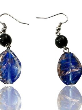 VTG Artisan Royal Blue & Gold Swirl Murano Glass Leaf Earrings